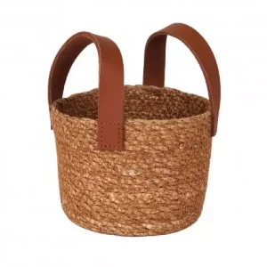 CESTA / PANERA ALTA MIMBRE SEAGRASS CON ASAS DE PIEL VIEJO VALLE